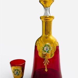 Vintage Murano Ruby Red Glass Decanter & Cordial Set - 24K Gold & Enamel Flowers